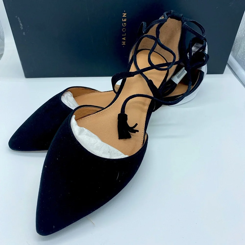 Halogen “Oliver” Black Suede Lace-Up Flats Size 7.5 brand new in box